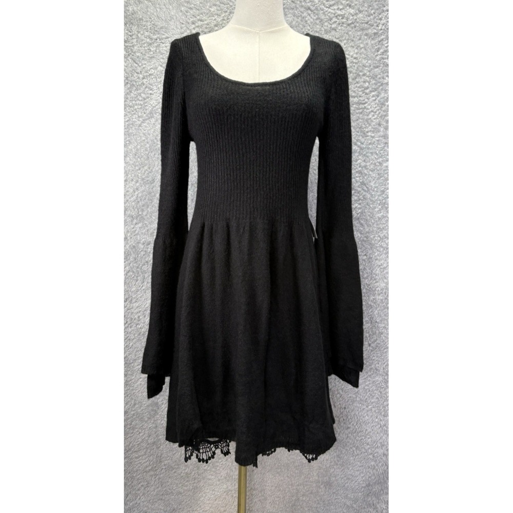 Venus Womens M Black Sweater Dress Ruffle Bell Sleeve Whimsigoth Witchy Grunge